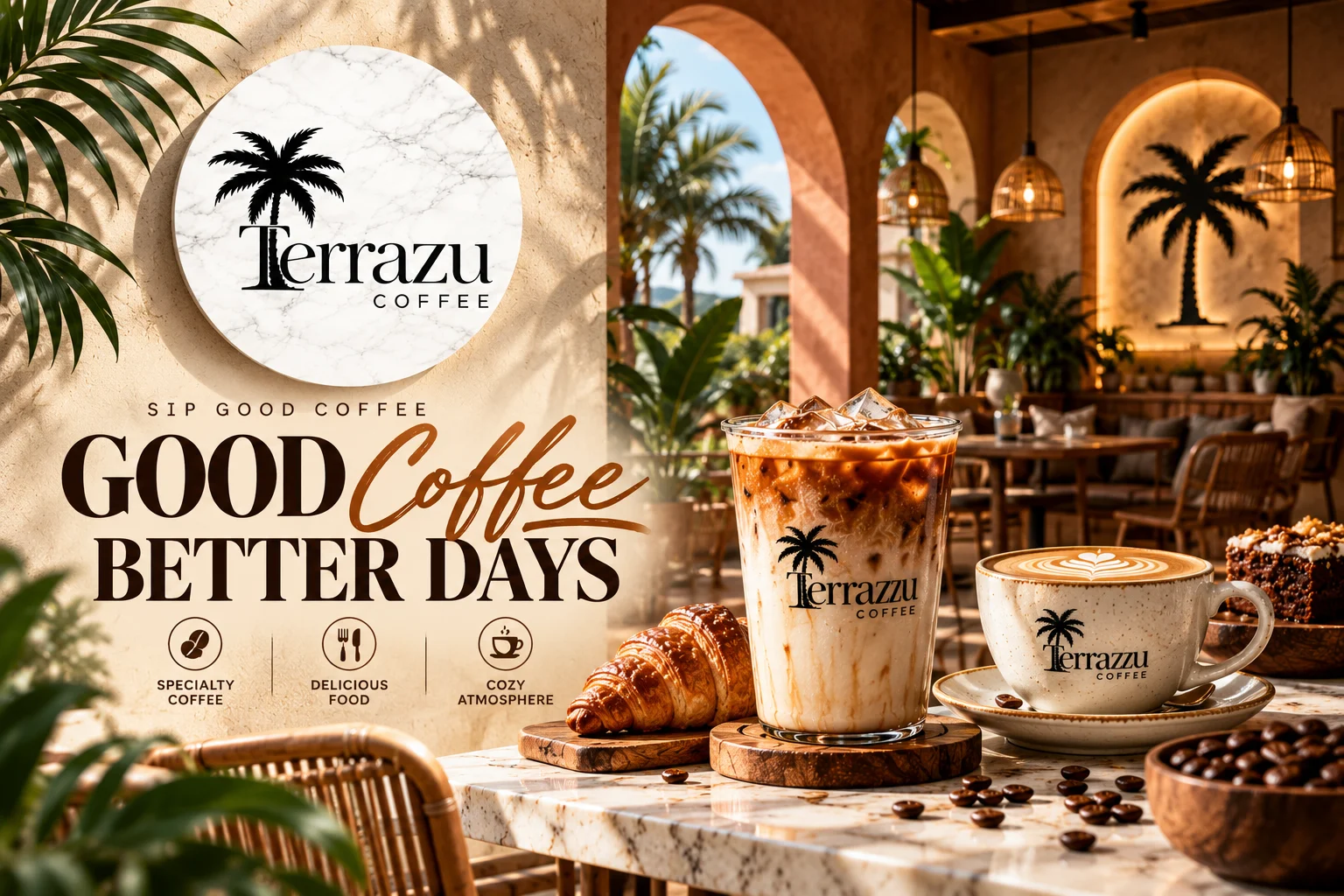 Es kopi susu, croissant, dan cappuccino di cafe Terrazu Coffee Cikarang dengan suasana teras yang asri